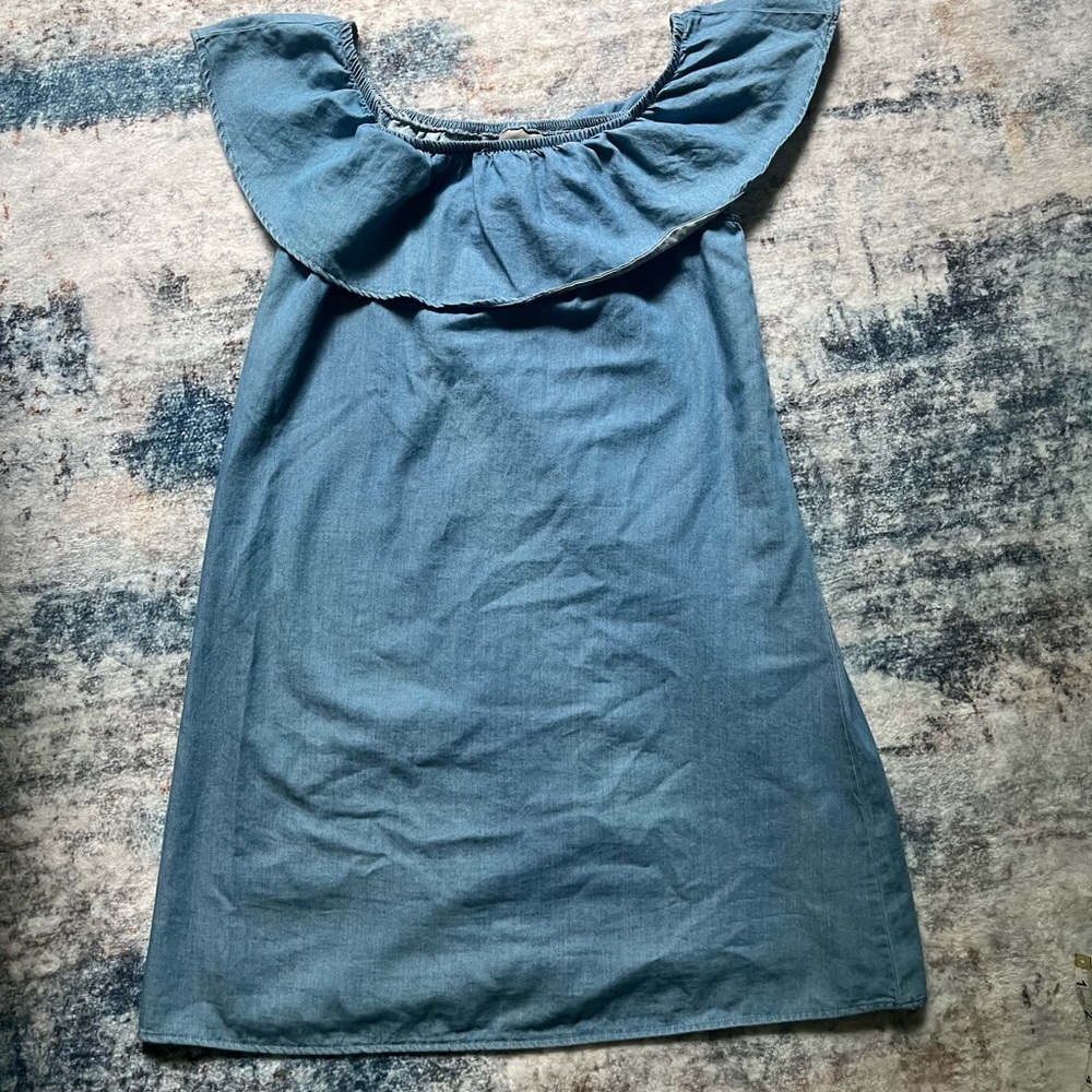 Blue Ruffle Off-Shoulder Cotton Dress